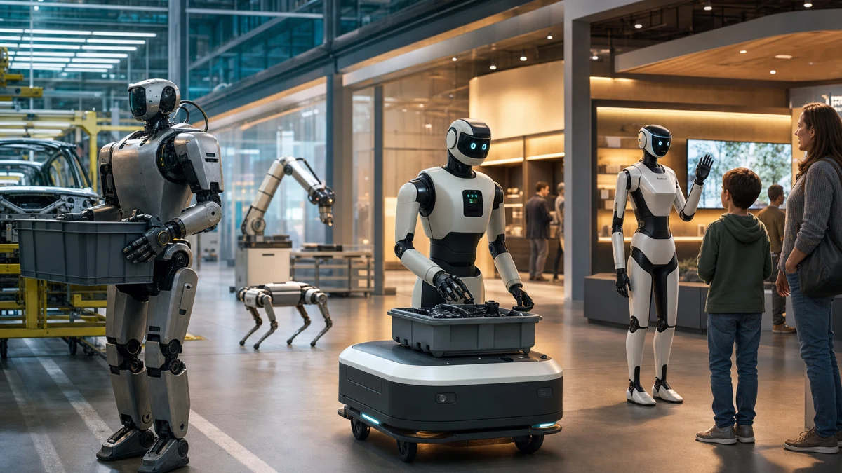 Humanoïdes industriels affichant des signaux d’état clairs près de travailleurs