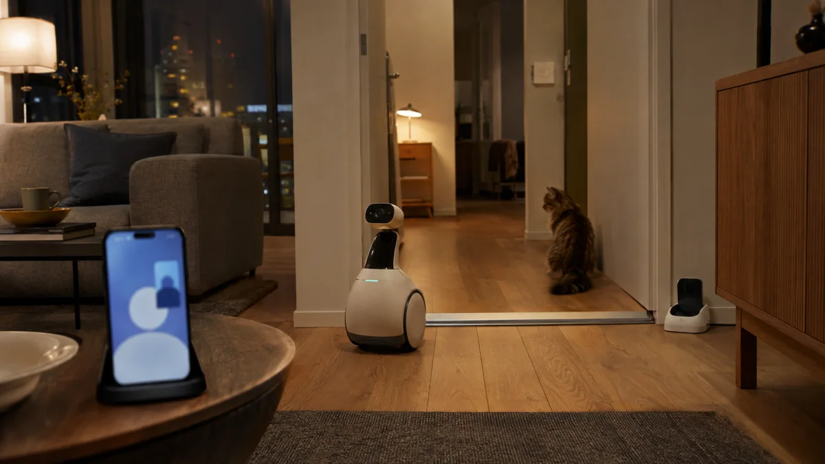 Robot caméra mobile générique patrouillant dans un appartement avec un chat et une station de charge