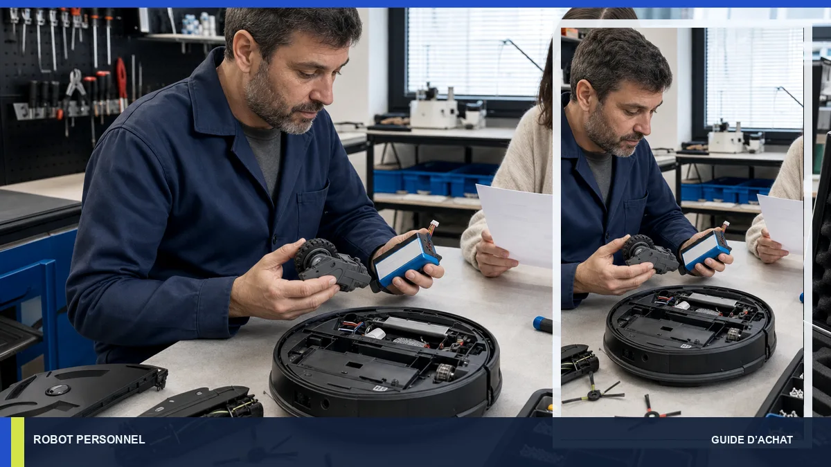 Atelier contrôlant batterie et module de roue d’un robot domestique.