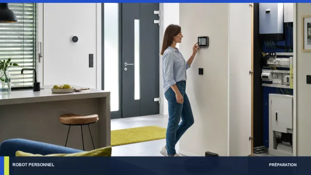 Architecture de maison connectée avec chemins dégagés et robot à sa base.