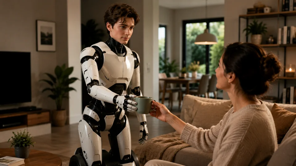 Robot assistant personnel sur roues tendant une tasse à une femme dans un salon