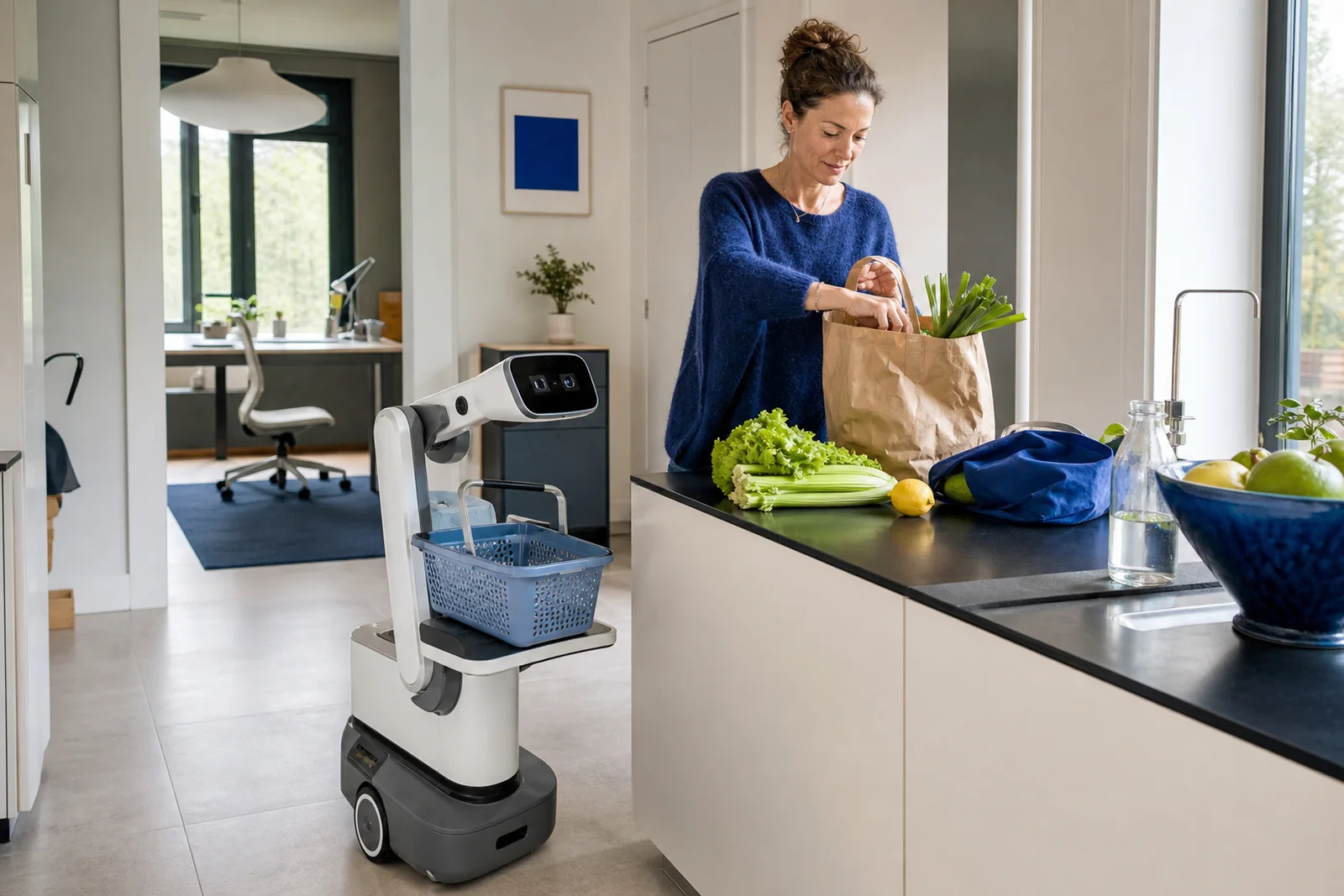 Robot utilitaire transportant un panier dans une cuisine lumineuse sous la supervision d’une habitante